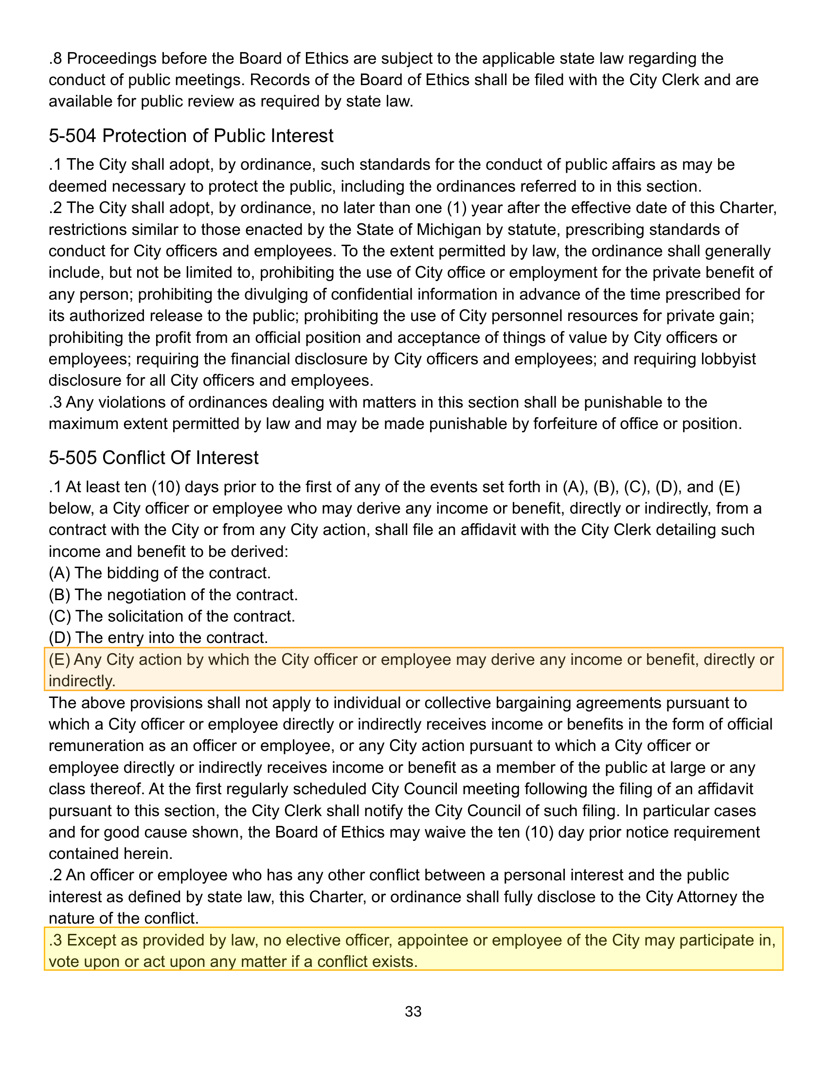 Lansing City Charter, Section 5-505 Conflict of Interest. Subsection (E) is highlighted in orange: Any City action by which the City officer or employee may derive any income or benefit, directly or indirectly. Subsection .3 is highlighted in yellow: Except as provided by law, no elective officer, appointee or employee of the City may participate in, vote upon or act upon any matter if a conflict exists.