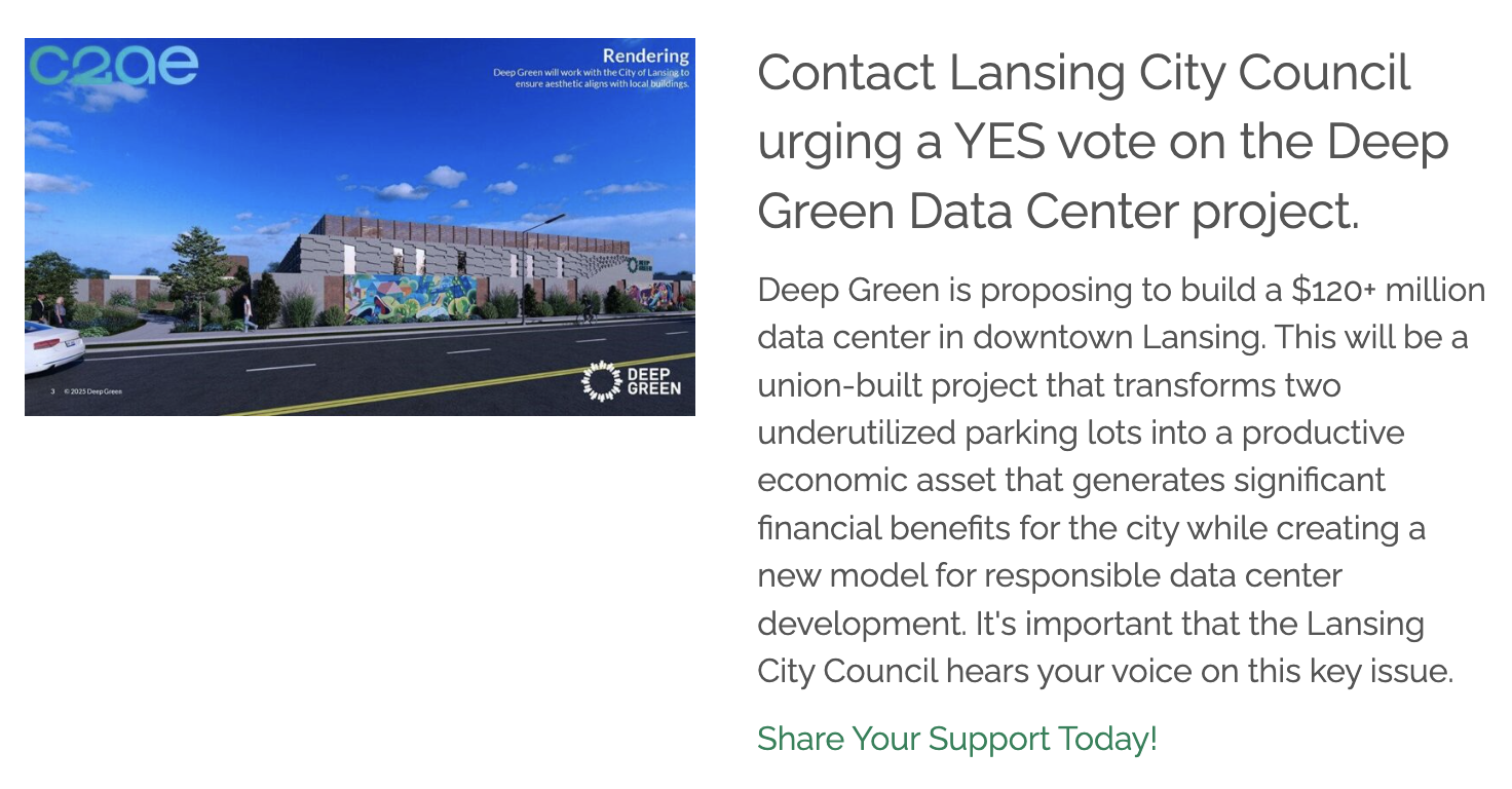 Screenshot of the Lansing Regional Chamber of Commerce homepage showing a callout block with a Deep Green data center rendering, campaign copy urging a YES vote, and a green Share Your Support Today call-to-action link